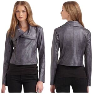Georgie Intermix Pewter Vegan Moto Jacket, Grey Draped Metallic Zip, Size Small
